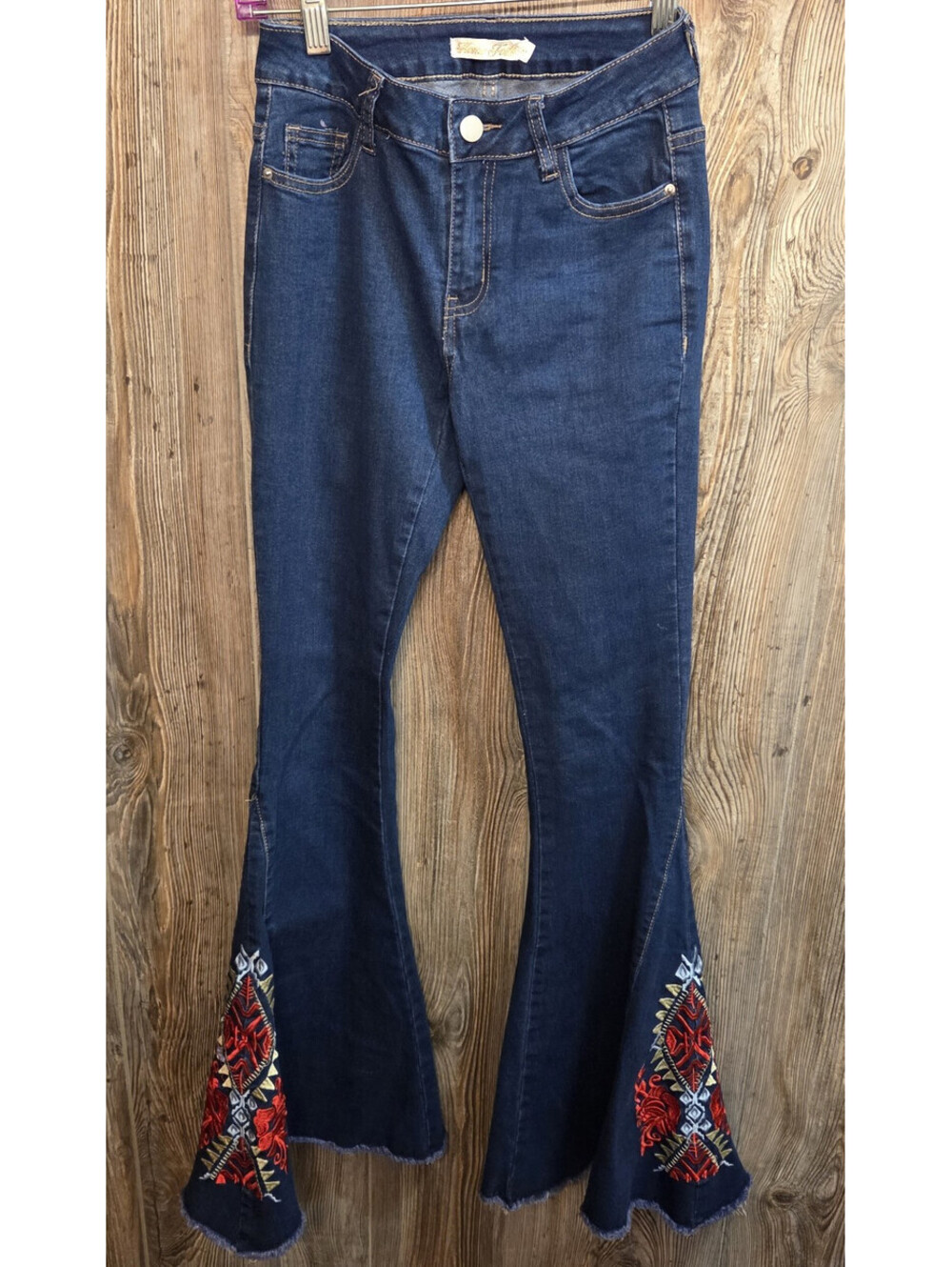 Home Folk Flare Bell Bottom Denim Jeans Women Size 2 (25x32) Embroidered Raw Hem